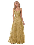 Spaghetti Strap Sparkly Prom Dress for Women Long Tulle Formal Dress Laces Evening Party Gown