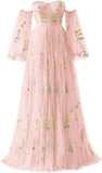 Vestidos de fiesta de tul con bordado de flores para mujer, 2024, largos, con hombros descubiertos, formales, para noche 