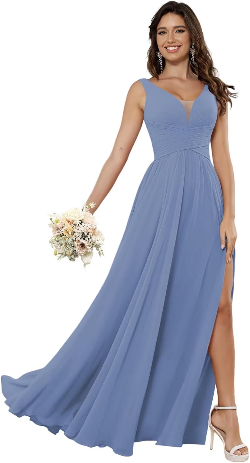 Vestidos de dama de honor sencillos de gasa para mujer con bolsillos, vestidos formales largos con escote en V y abertura 