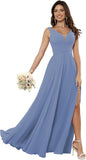 Vestidos de dama de honor sencillos de gasa para mujer con bolsillos, vestidos formales largos con escote en V y abertura 