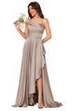 Women's Long Satin Bridesmaid Dresses Spaghetti Strap Halter Formal Evening Gown Ruffle High Low Wedding Guest Dress