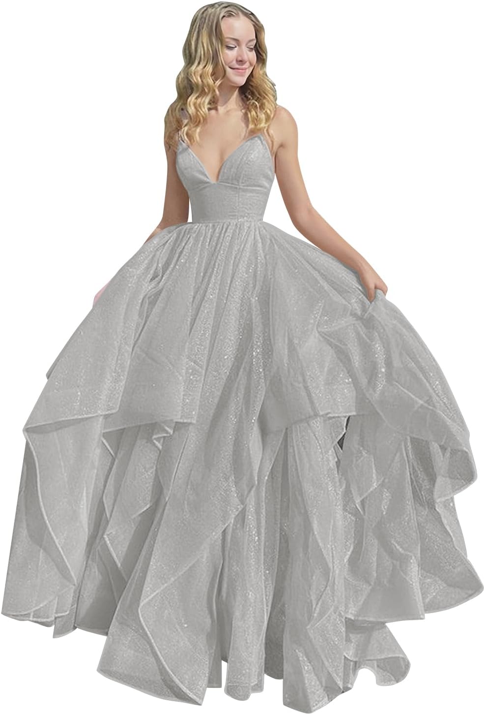 Women's Sparkly Tulle Prom Dress 2023 Long Ball Gown Spaghetti Straps Quinceanera Dress