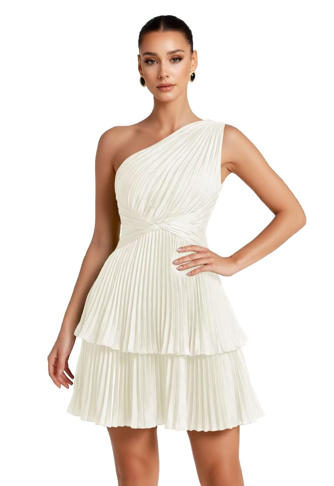 One Shoulder Satin Homecoming Dresses for Teens 2026 Short A-line Prom Dress Pleated Tiered Cocktail Party Gowns