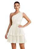 One Shoulder Satin Homecoming Dresses for Teens 2026 Short A-line Prom Dress Pleated Tiered Cocktail Party Gowns
