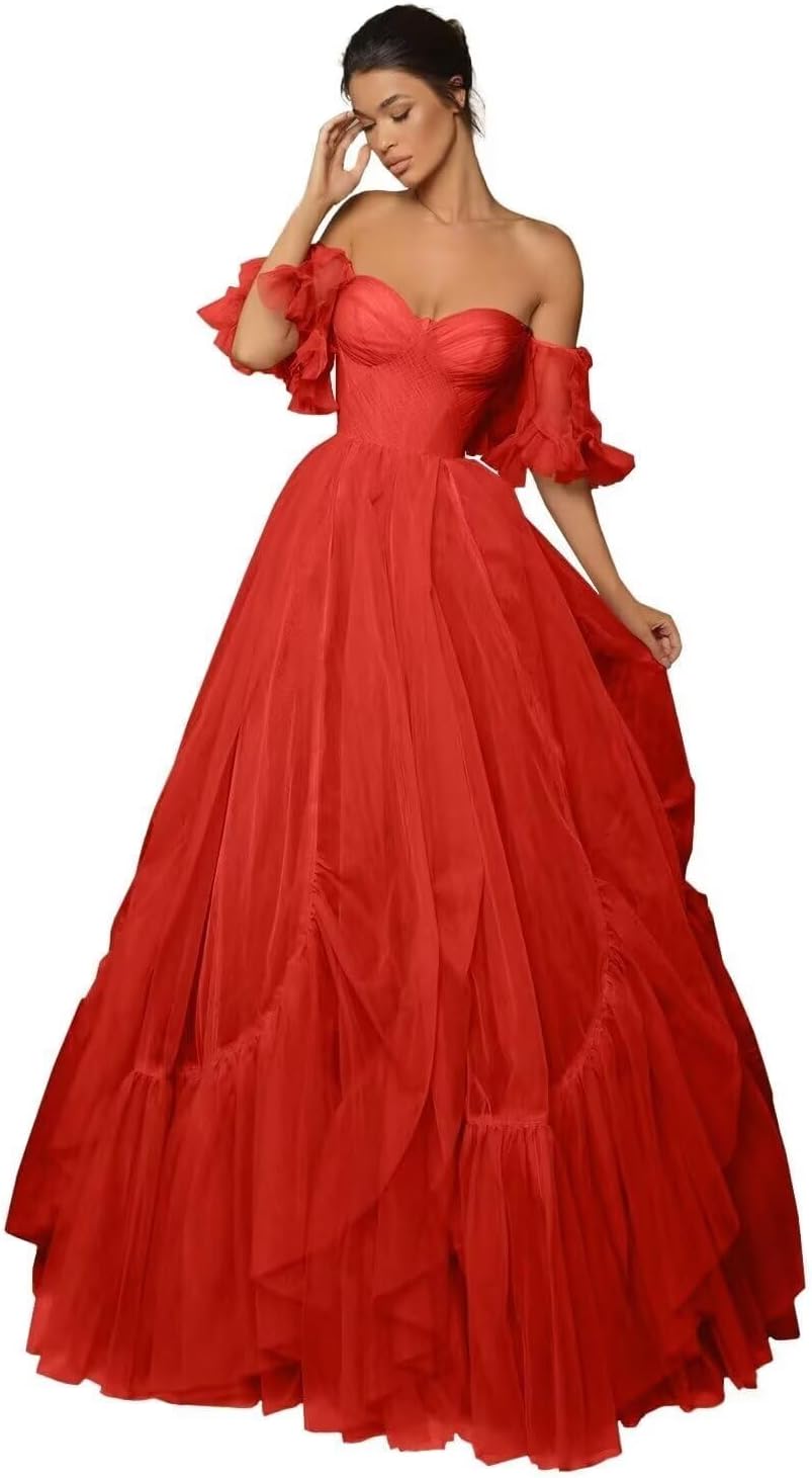 A-line Ruffled Short Sleeve Tulle Prom Dress for Women, Sweetheart Formal Gown Off The Shoulder Long Party Dress
