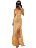 Sparkly Sequin Spaghetti Straps Prom Dresses 2026 Long Ruffles Pleated Formal Evening Dress with Slit