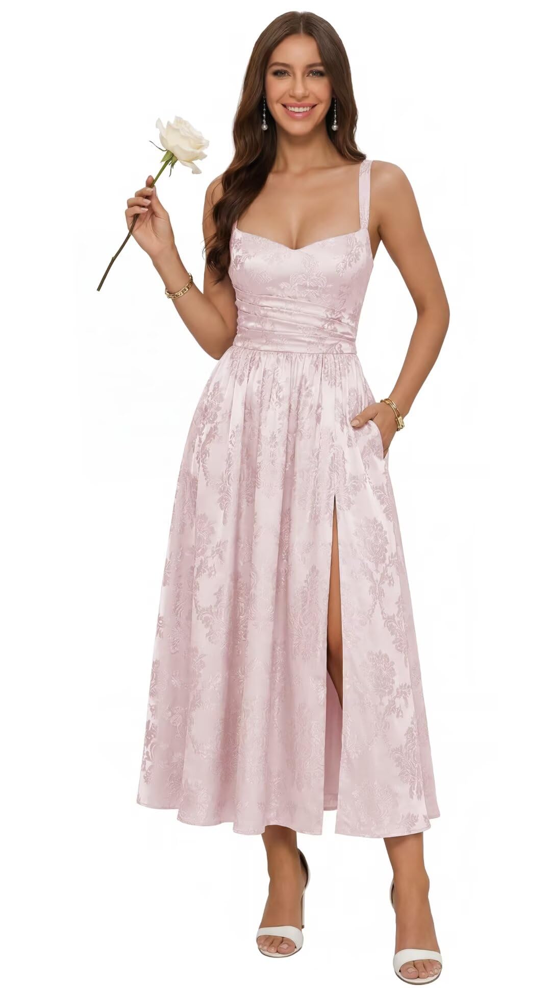 Jacquard Satin Bridesmaid Dresses for Women Spaghetti Straps A Line Tea Length Formal Evening Dress