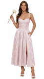Jacquard Satin Bridesmaid Dresses for Women Spaghetti Straps A Line Tea Length Formal Evening Dress