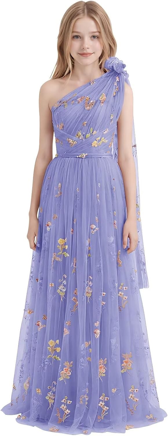 One Shoulder Long Tulle Junior Bridesmaid Dresses for Wedding Flower Girl Dress Formal Prom Gown