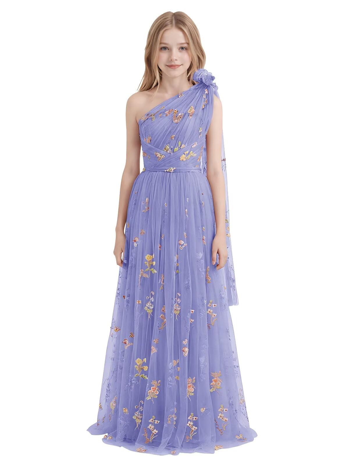 One Shoulder Long Tulle Junior Bridesmaid Dresses for Wedding Flower Girl Dress Formal Prom Gown