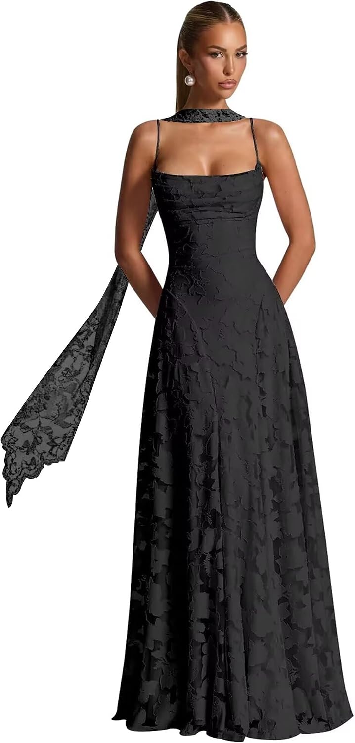 Floral Lace Bridesmaid Dresses for Women Long Spaghetti Straps Formal Evening Gowns with Scarf
