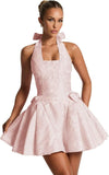 Satin Jacquard Halter Homecoming Dresses with Bow for Teens Mini A-Line Puffy Cocktail Corset Evening Party Gown