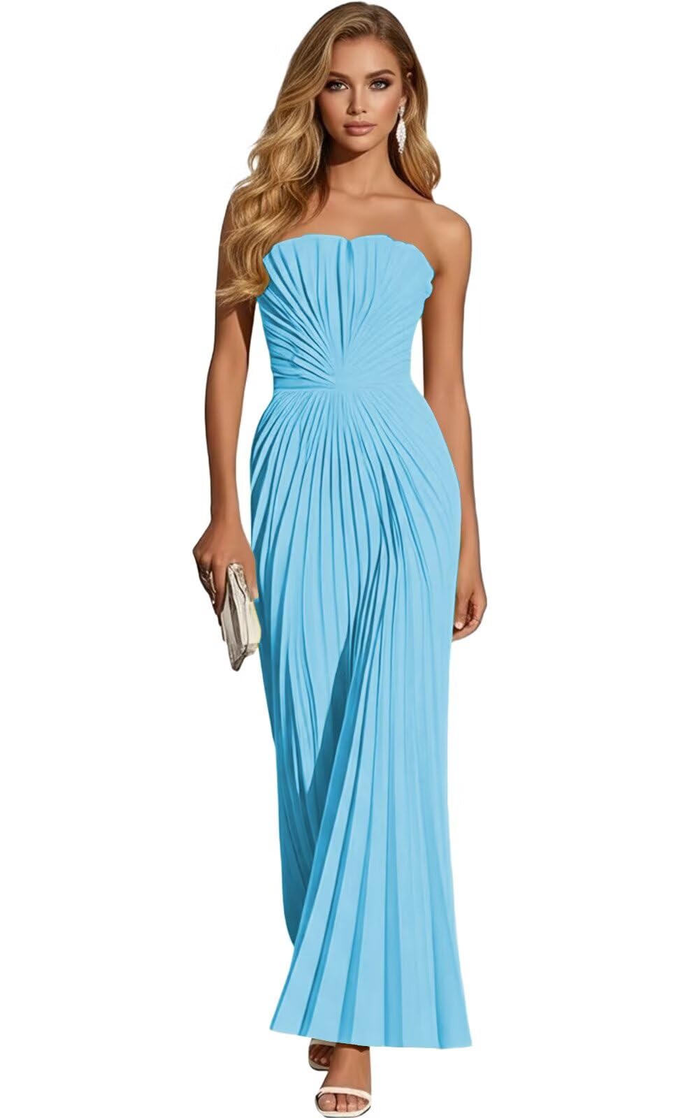 Women's Strapless Pleated Bridesmaid Dress Elegant Sweetheart Neck Formal Prom Gown for Wedding Guest