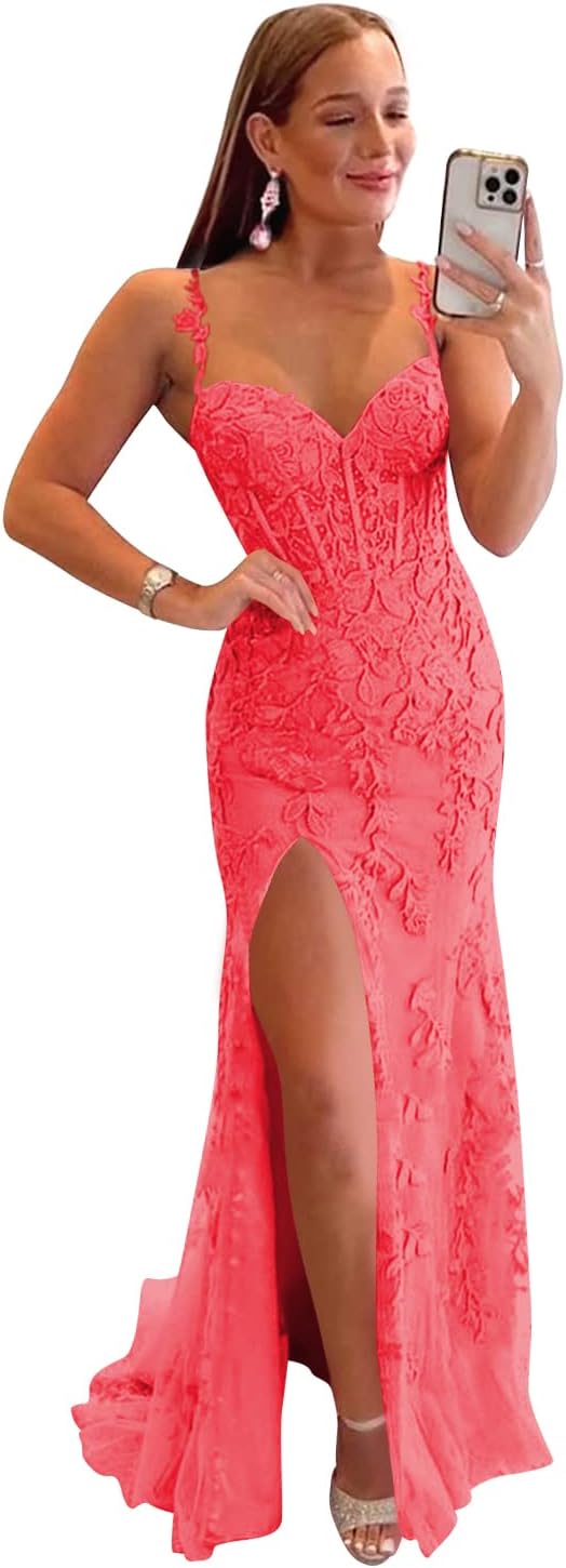 Women's Lace Mermaid Prom Dresses Long with Slit Mermaid Spaghetti Straps Backless Formal Evening Gowns