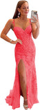 Women's Lace Mermaid Prom Dresses Long with Slit Mermaid Spaghetti Straps Backless Formal Evening Gowns