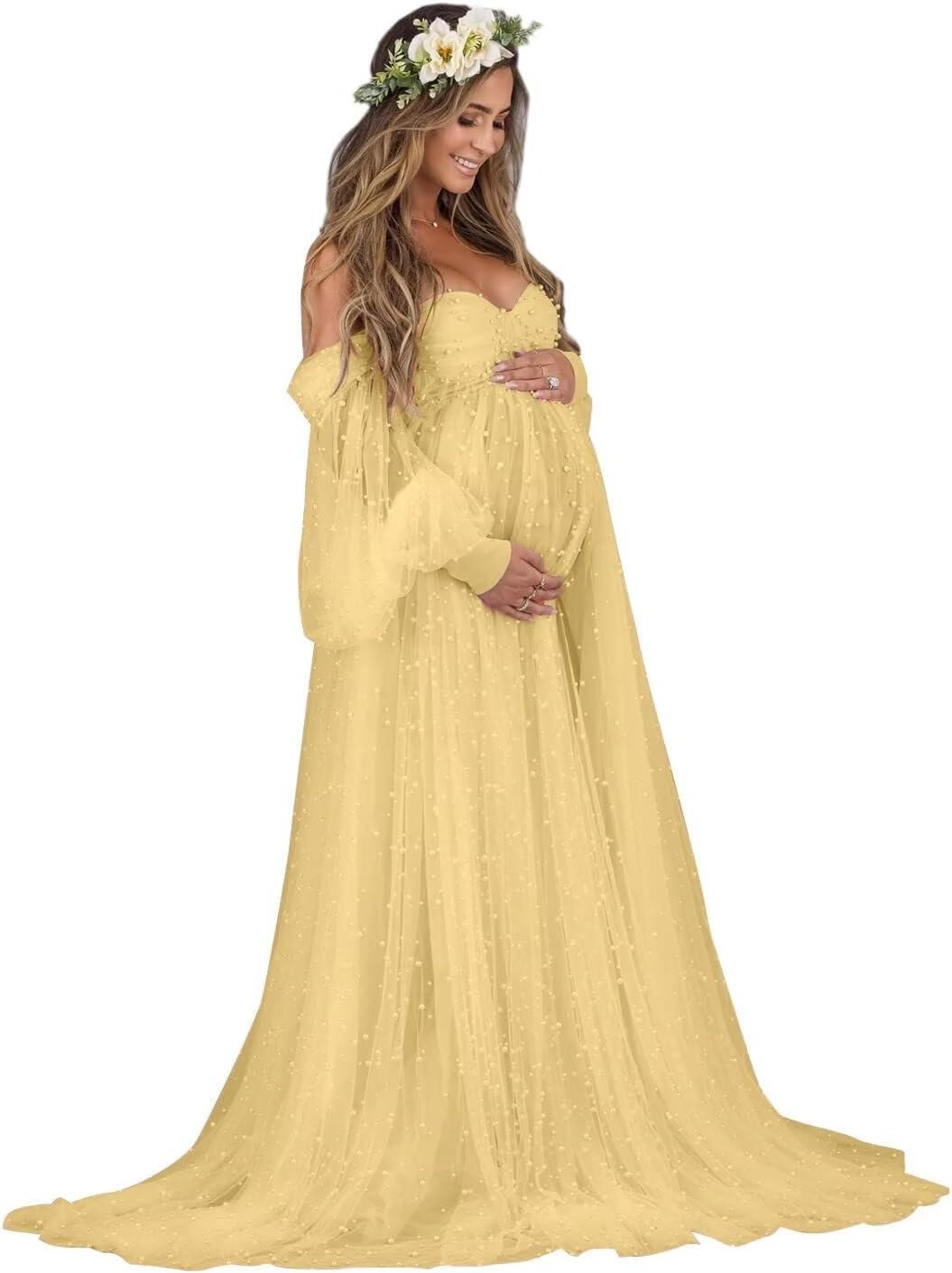 Kingbridal Pearl Tulle Maternity Dress for Photoshoot Long Puffy Sleeve Pregnancy Gown