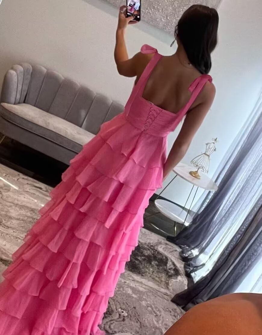 Tiered Prom Dresses with Bow Long A-Line Chiffon Formal Evening Dress for Women Spaghetti Straps Slit Ball Gown