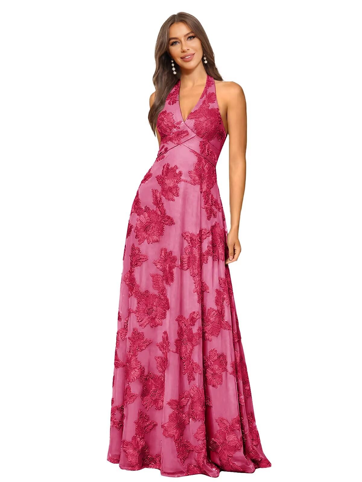 Jacquard Floral Lace Bridesmaid Dresses for Women Long A-Line Open Back Halter Formal Gown