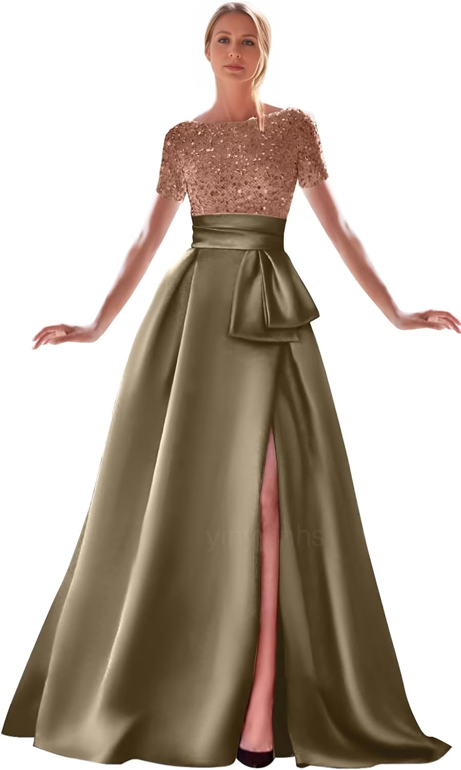 Kingbridal Gowns Short Sleeve Sequin Prom Dresses for Women 2026 Satin A-Line Sparkly Formal Evening Party Ball Gowns with Slit