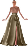 Kingbridal Gowns Short Sleeve Sequin Prom Dresses for Women 2026 Satin A-Line Sparkly Formal Evening Party Ball Gowns with Slit