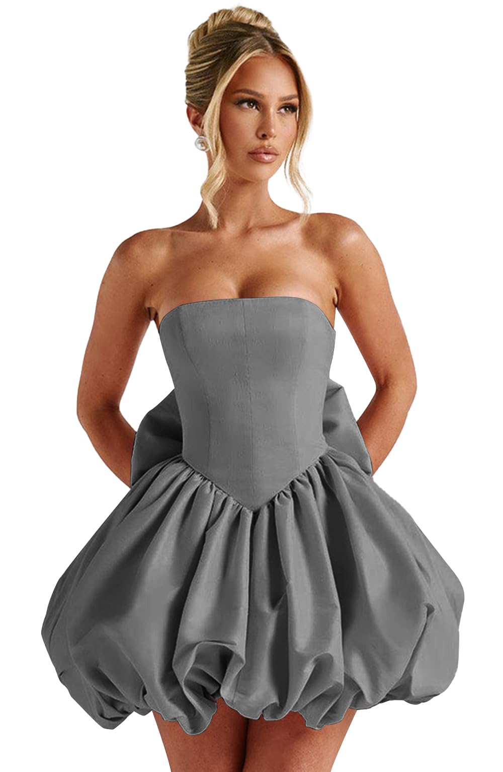 Satin Flower Bud Homecoming Dress Short Prom Dress with Bow Strapless A Line Mini Cocktail Party Gown