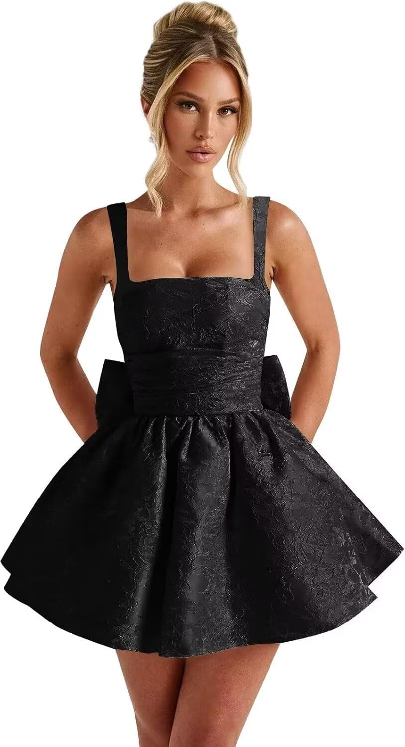 Jacquard Satin Homecoming Dresses for Teens Spaghetti Straps Short Prom Dress A-line Cocktail Party Gowns with Bow