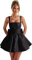Jacquard Satin Homecoming Dresses for Teens Spaghetti Straps Short Prom Dress A-line Cocktail Party Gowns with Bow