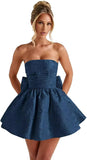 Strapless Satin Homecoming Dresses for Teens 2027 Jacquard A-line Short Prom Cocktail Gowns with Bow