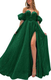 Tulle Prom Dresses for Women 2027 Sparkly Puffy Sleeves Long Ball Gowns with Slit A-Line Evening Dresses