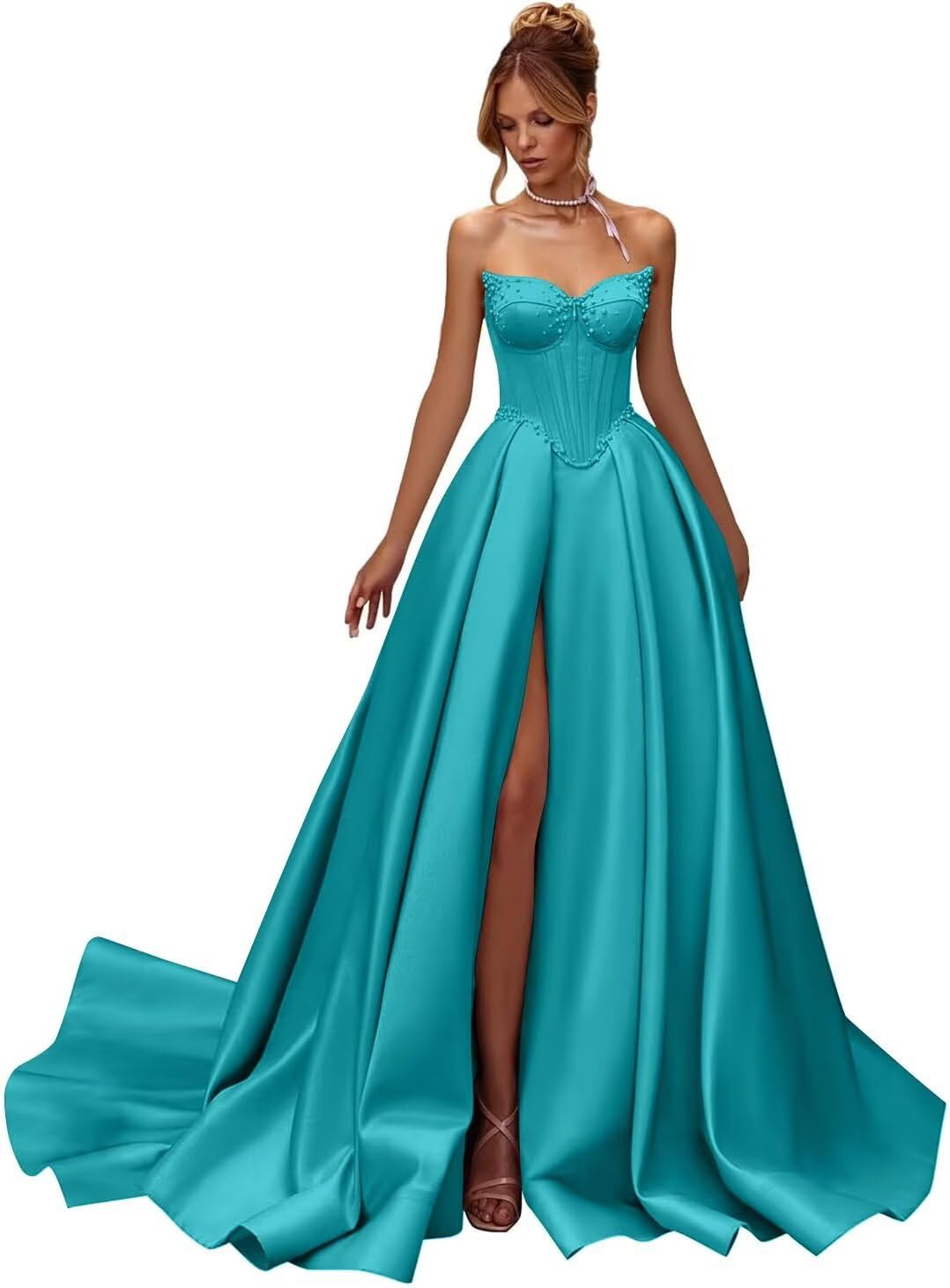 Kingbridal Gowns Strapless Prom Dresses for Women 2026 Long Satin A-line Formal Dress with Slit Beaded Corset Evening Party Gowns