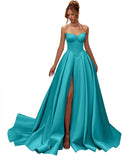 Kingbridal Gowns Strapless Prom Dresses for Women 2026 Long Satin A-line Formal Dress with Slit Beaded Corset Evening Party Gowns