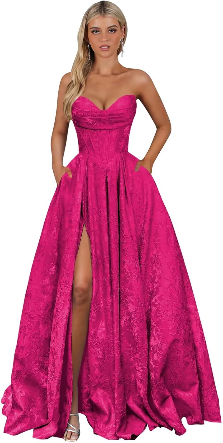 Strapless Jacquard Satin Prom Dresses for Women Corset A Line Long Formal Evening Party Gowns with Slit
