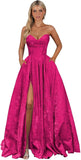 Strapless Jacquard Satin Prom Dresses for Women Corset A Line Long Formal Evening Party Gowns with Slit