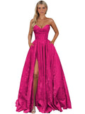 Strapless Jacquard Satin Prom Dresses for Women Corset A Line Long Formal Evening Party Gowns with Slit