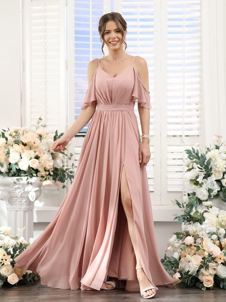 Women's Cold Shoulder Ruffle Sleeves Bridesmaid Dresses for Women 2025 Pleated Chiffon Formal Dresses with Slit