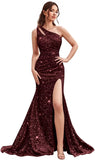 Kingbridal Gowns One Shoulder Sequin Prom Dresses with Slit 2026 Mermaid Formal Dress for Women Sparkly Ruched Evening Party Gowns
