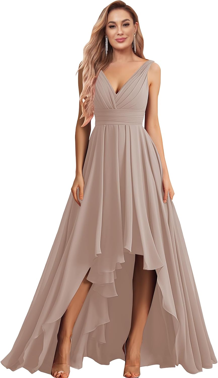 Vestidos de dama de honor con escote en V para mujer, para boda, con bolsillos, de gasa fruncida, largos, formales, para fiesta de graduación y noche.