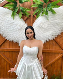 Strapless Satin Homecoming Dresses for Teens Jacquard Short Prom Dress A-line Cocktail Party Gowns with Pockets