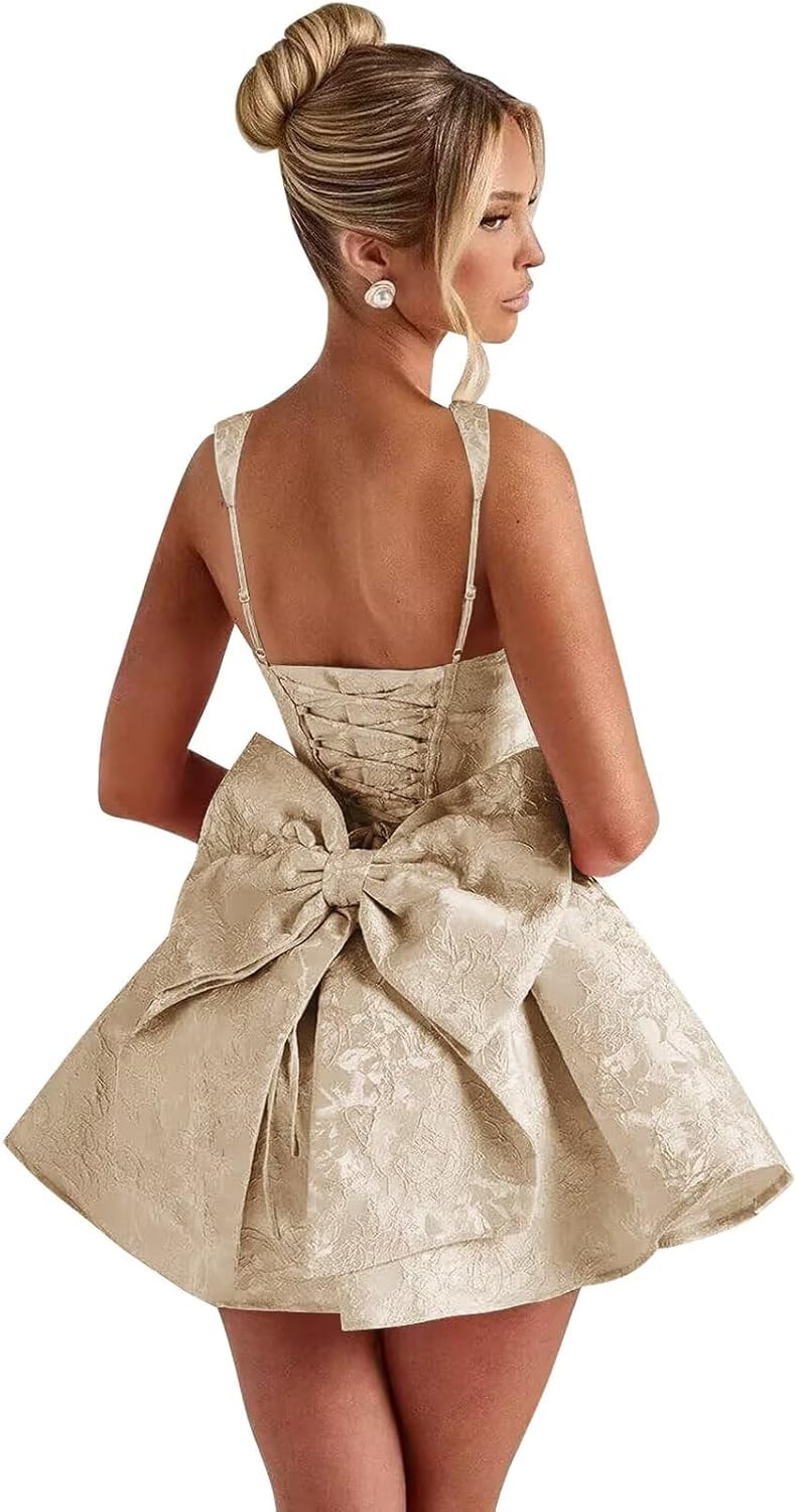 Satin Jacquard Homecoming Dress with Bow Short A-Line Mini Prom Cocktail Party Gown