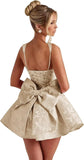 Satin Jacquard Homecoming Dress with Bow Short A-Line Mini Prom Cocktail Party Gown