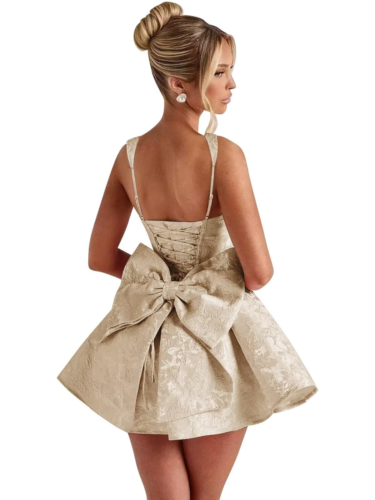Satin Jacquard Homecoming Dress with Bow Short A-Line Mini Prom Cocktail Party Gown
