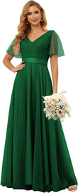 Damen Brautjungfernkleider mit Flatterärmeln, Tüll, lang, V-Ausschnitt, Empire-Taille, formelles Kleid 