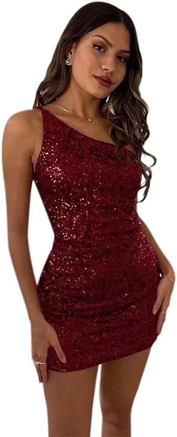 Women's Bodycon Homecoming Dress for Juniors Sequin One Shoulder Backless Mini Cocktail Party Dress