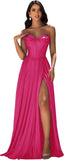 Strapless Prom Dress with Slit Satin A Line Long Ball Gowns for Women Sweetheart Corset Formal Dress with Pockets