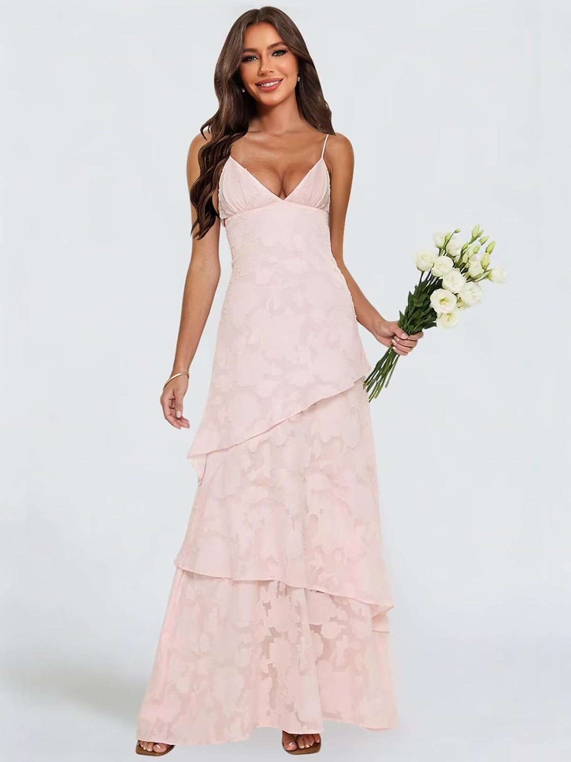Spaghetti Strap Floral Bridesmaid Dresses for Women Tiered Ruffle A-Line Long Formal Prom Dress
