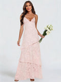 Spaghetti Strap Floral Bridesmaid Dresses for Women Tiered Ruffle A-Line Long Formal Prom Dress