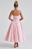 Jacquard Floral Satin Prom Dresses for Women 2026 Spaghetti Straps A-Line Midi Formal Evening Party Gown with Pockets
