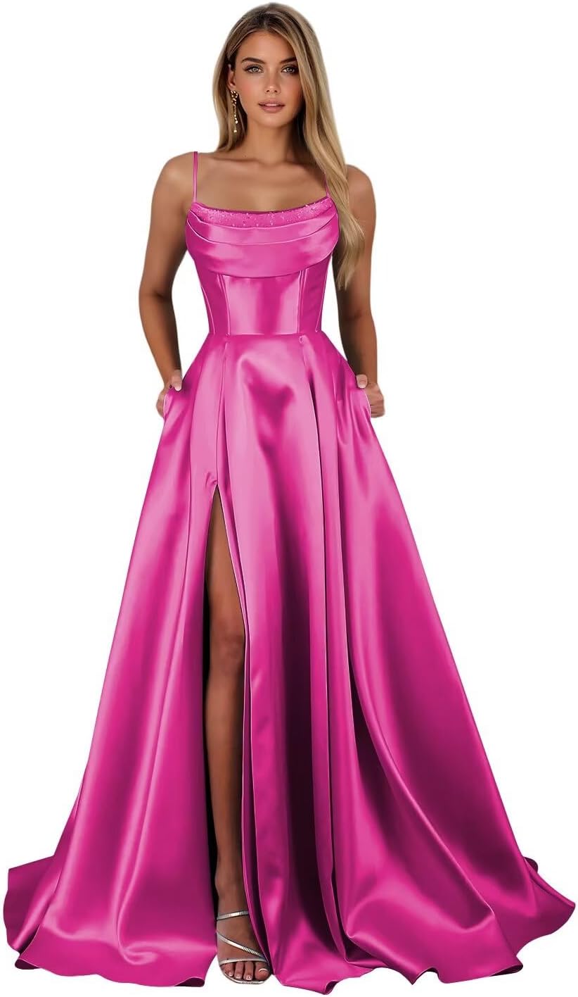 Satin Prom Dresses for Teens Long A-Line Cowl Neck Formal Evening Gown with Slit 2026 Maxi Ball Gowns