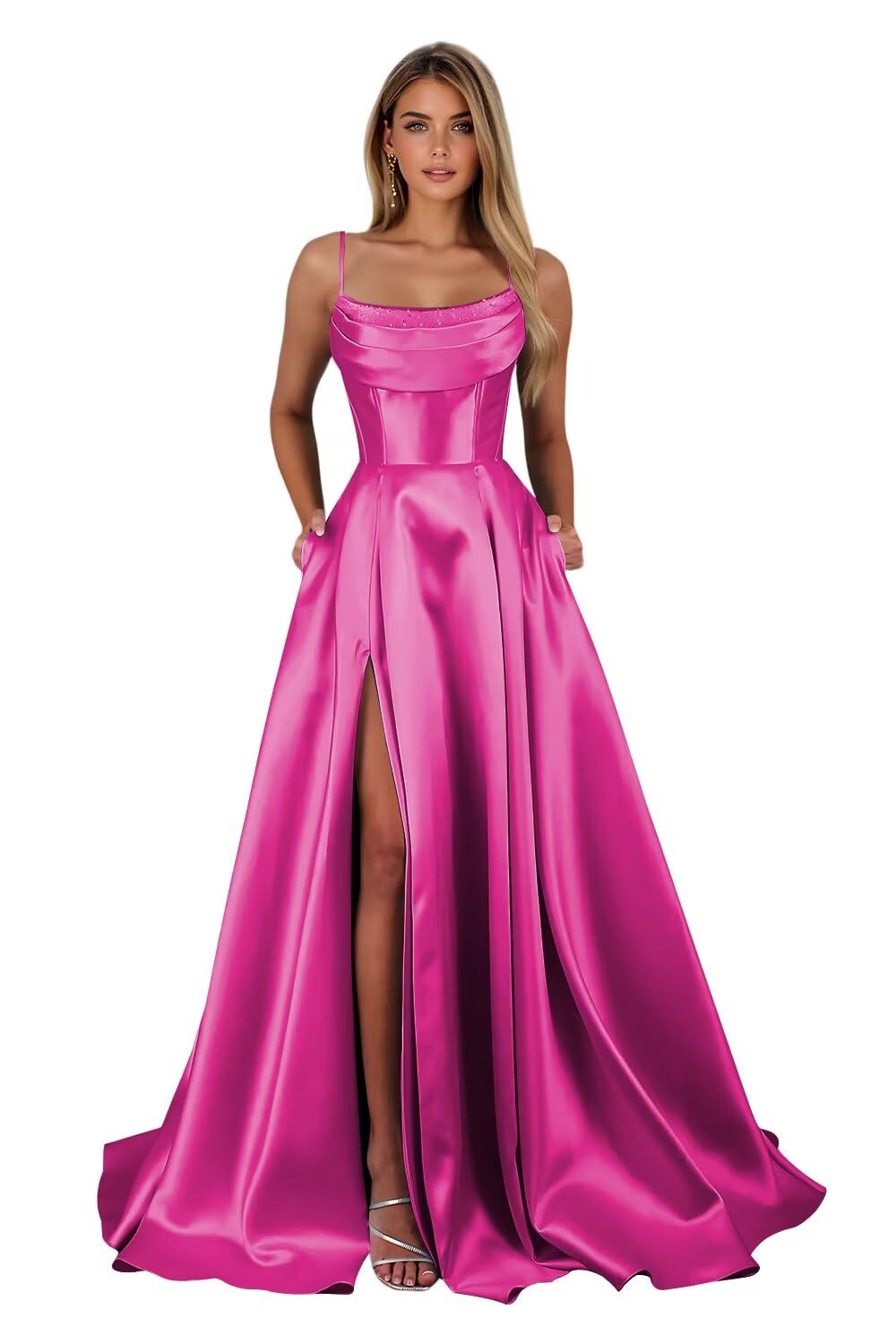 Satin Prom Dresses for Teens Long A-Line Cowl Neck Formal Evening Gown with Slit 2026 Maxi Ball Gowns