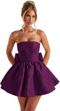 Strapless Satin Homecoming Dresses for Teens 2027 Jacquard A-line Short Prom Cocktail Gowns with Bow